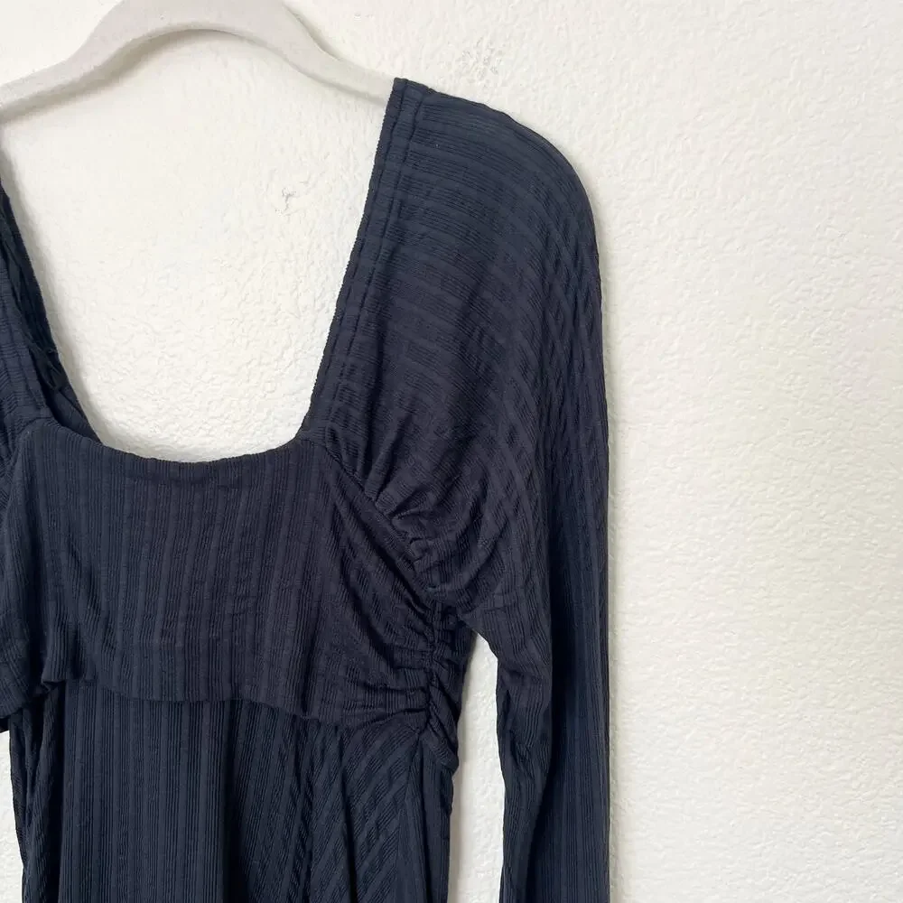 [Free People] Navy Blue Twisted Bust Open Front Slit Long Sleeve Top Sz Medium M
